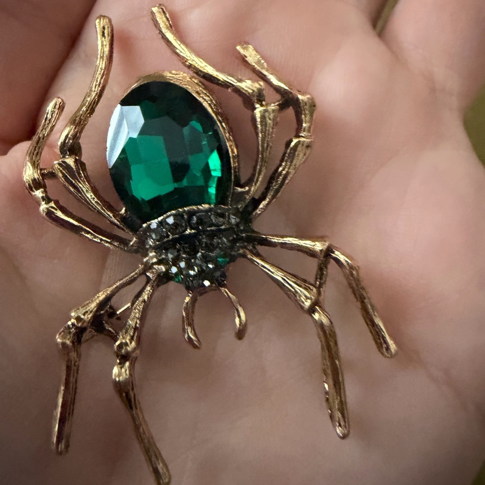 Gold Spider Brooch with Green Gem